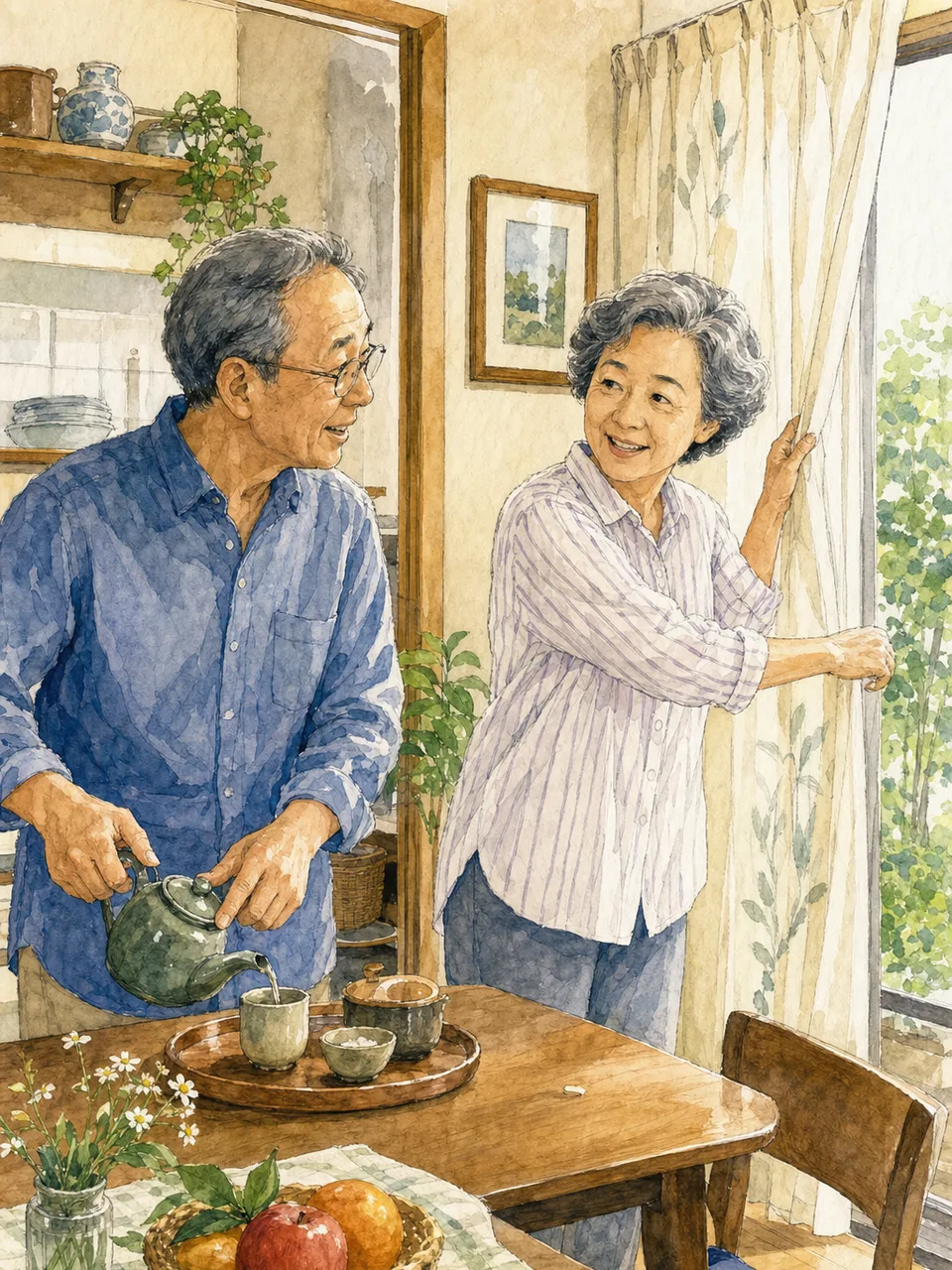 日常を過ごす日本人シニア夫婦（手描き水彩）。シニア夫婦、二人暮らし、日常、自立した暮らしの記事向け素材です。