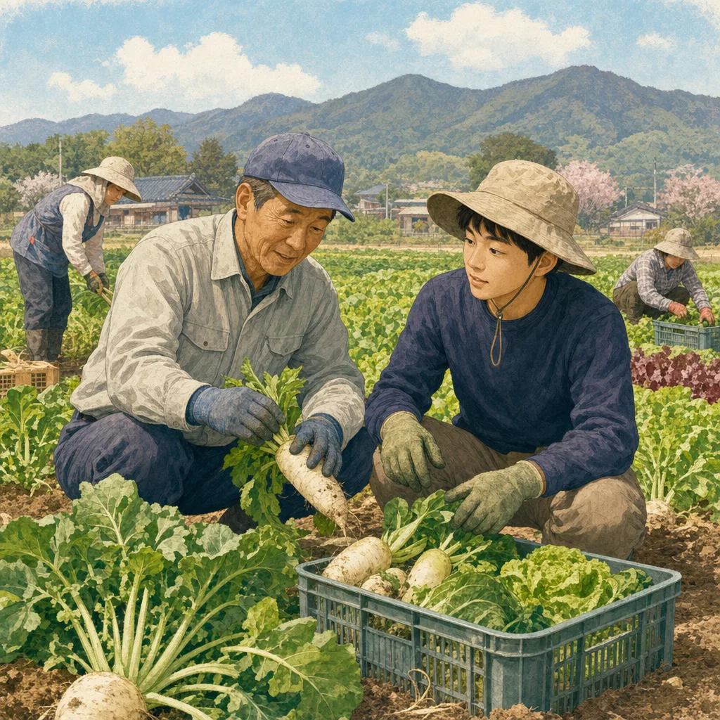 野菜を収穫する日本の農家（編集記事向け）。農業、地産地消、一次産業、食育の記事に使える収穫素材です。