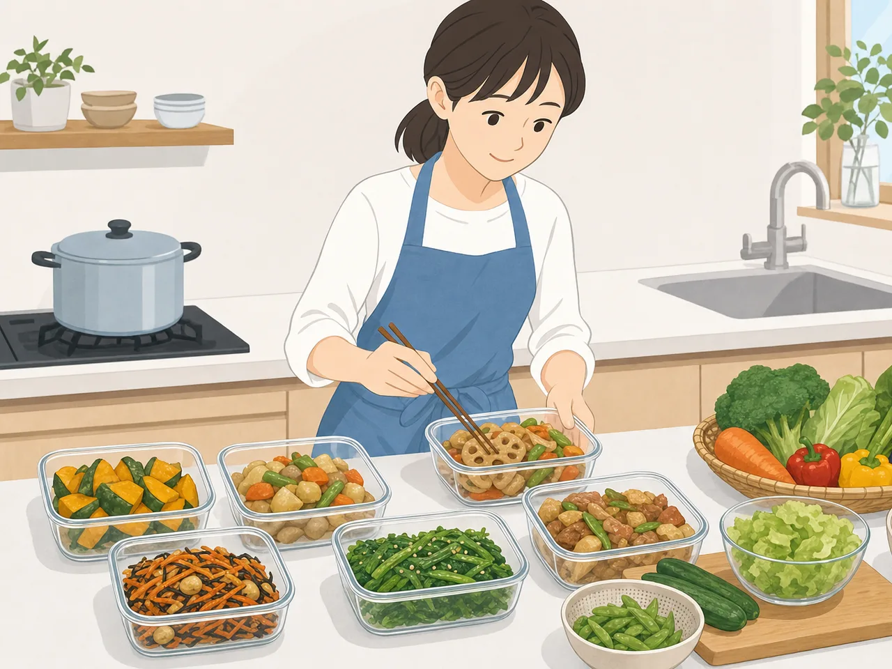 作り置き料理を準備する日本人（フラットイラスト）。作り置き料理、時短家事、食生活、家庭料理の記事向け素材です。