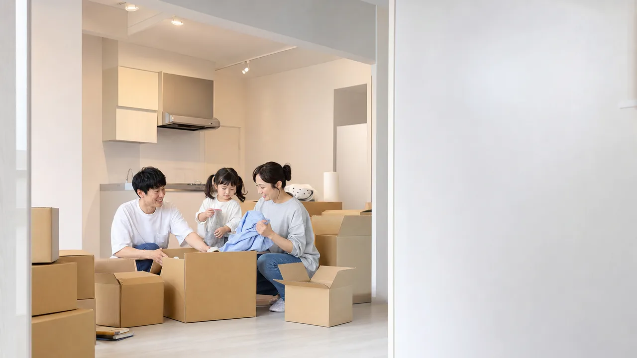 新居へ引っ越す日本人家族（横長・コピースペース）。不動産、引っ越し、新生活、住宅サービスの案内に使える家族素材です。