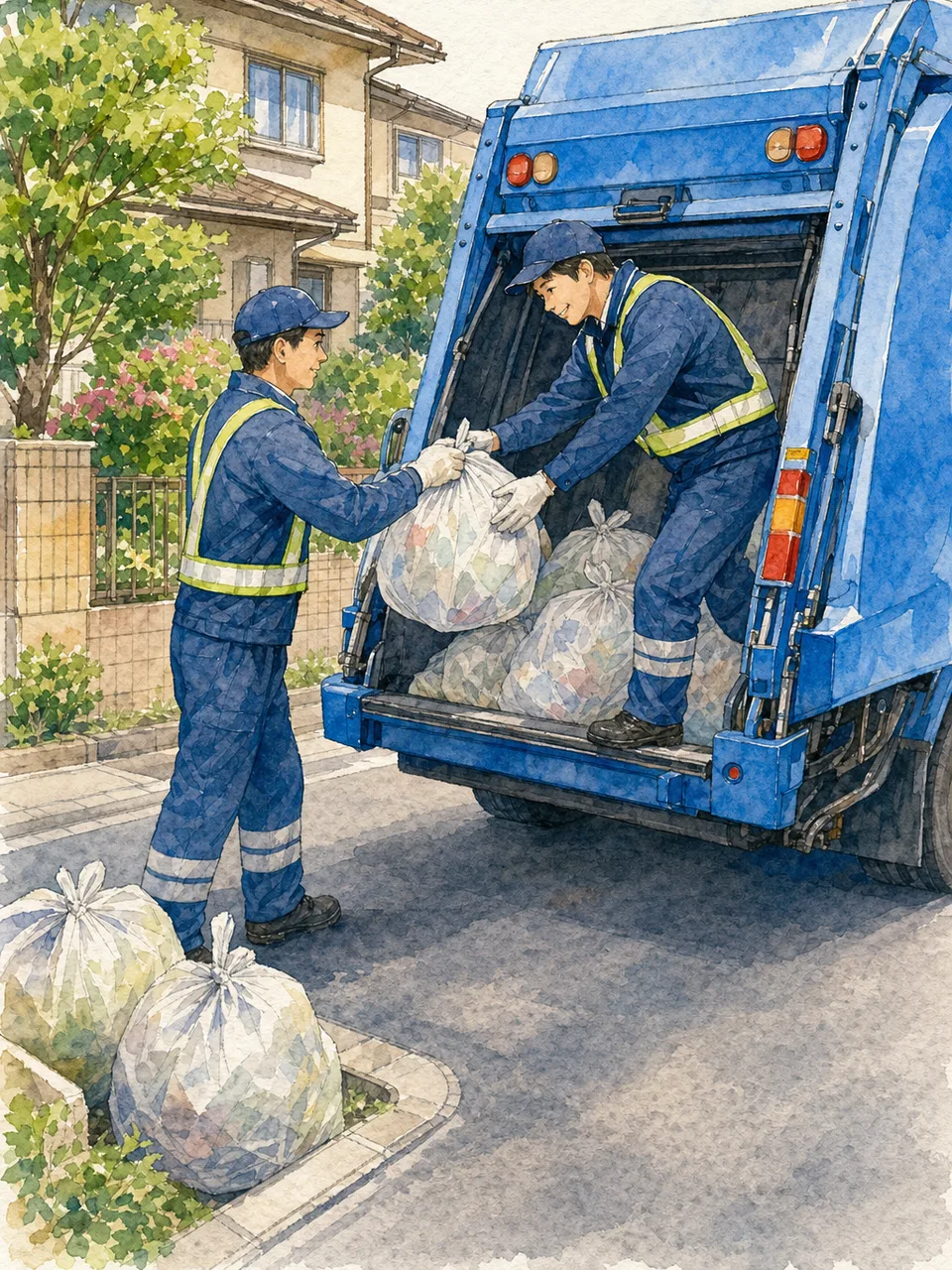 地域のごみを収集する日本人作業員（手描き水彩）。ごみ収集、環境衛生、自治体、地域インフラの記事向け素材です。
