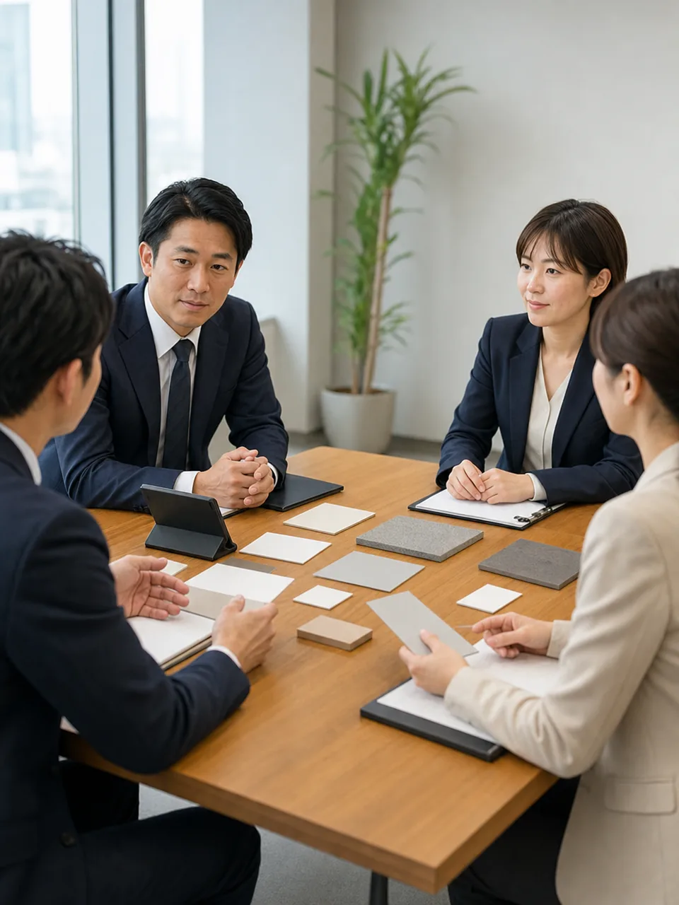 契約条件を交渉する日本人担当者（自然な縦位置写真）。契約交渉、商談、取引条件、法人契約の記事や案内に使える商用素材です。