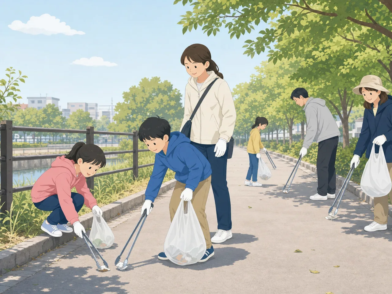 地域清掃に参加する日本人住民（フラットイラスト）。地域清掃、ボランティア、環境美化、地域交流の記事向け素材です。