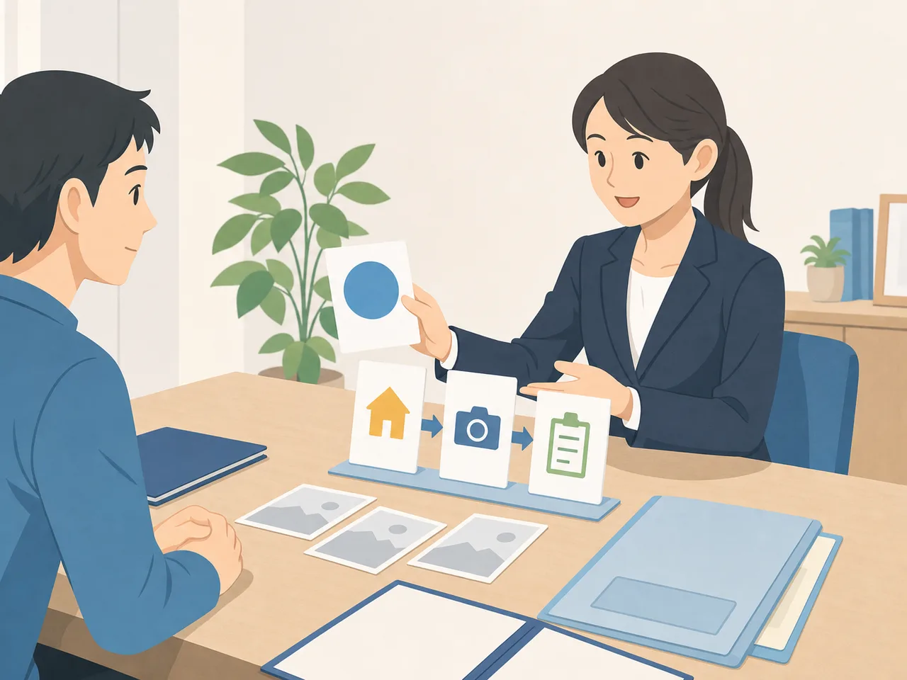保険金請求を案内する日本人担当者（フラットイラスト）。保険金請求、保険相談、損害保険、請求手続きの記事や案内に使える商用素材です。