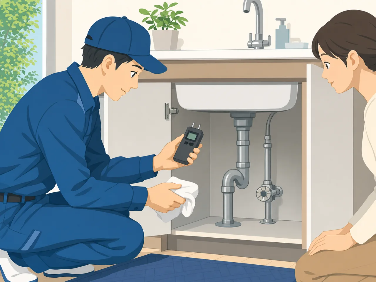 住宅の水漏れを確認する日本人配管技術者（フラットイラスト）。水漏れ点検、配管、住宅修理、漏水の記事や案内に使える商用素材です。