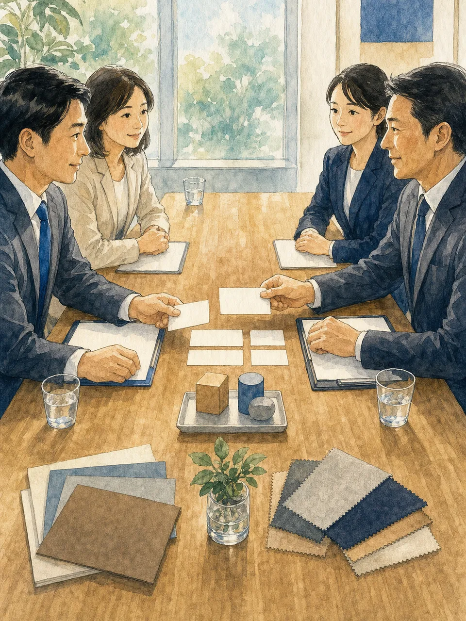 契約条件を交渉する日本人担当者（手描き水彩）。契約交渉、商談、取引条件、法人契約の記事や案内に使える商用素材です。