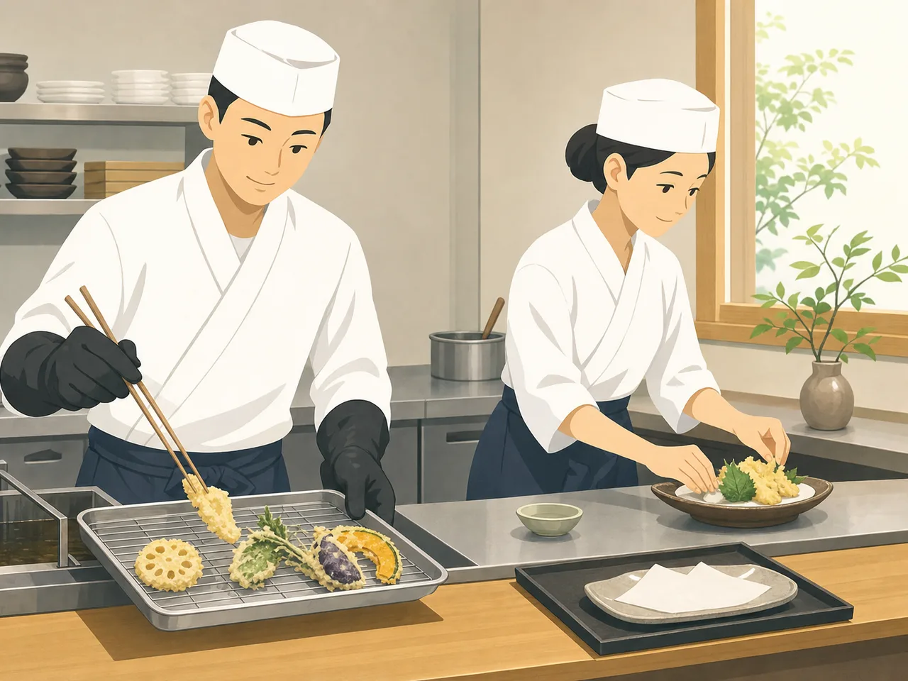 天ぷらを仕上げる日本人料理人（フラットイラスト）。天ぷら、和食、料理人、飲食店の記事に使える食素材です。