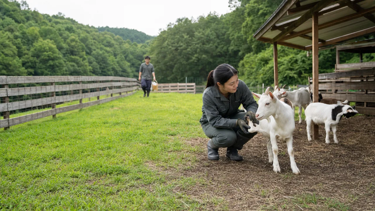 ヤギを世話する日本人農家（横長・コピースペース）。ヤギ、畜産、農業、動物福祉の記事向け素材です。