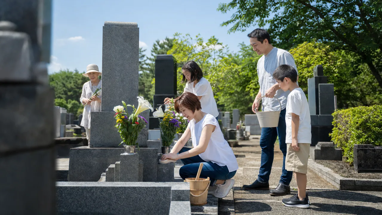 お盆に家族でお墓参りをする日本人（横長・コピースペース）。お盆、帰省、家族行事、供養を丁寧に伝える季節素材です。
