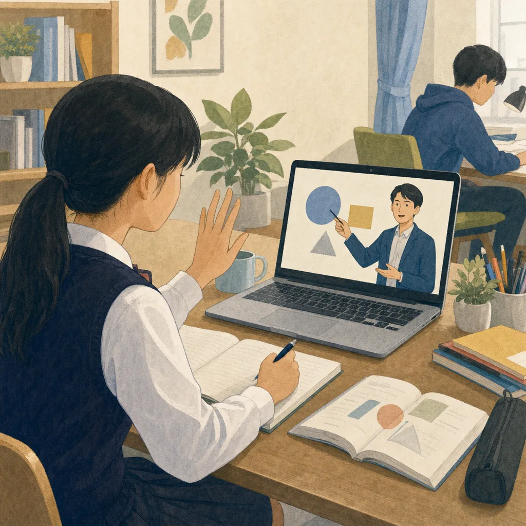 オンライン授業に参加する日本人の生徒（編集記事向け）。オンライン授業、遠隔学習、中高生、教育ICTの記事向け素材です。