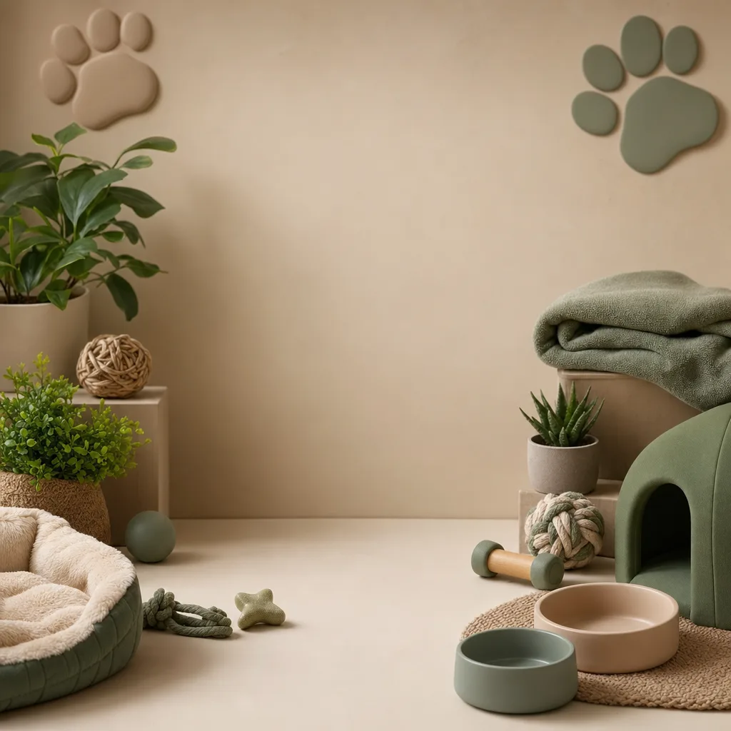 やさしいペットケア背景（立体ディスプレイ）。ペット背景、ペットケア、犬猫、動物の記事や案内に使える商用素材です。