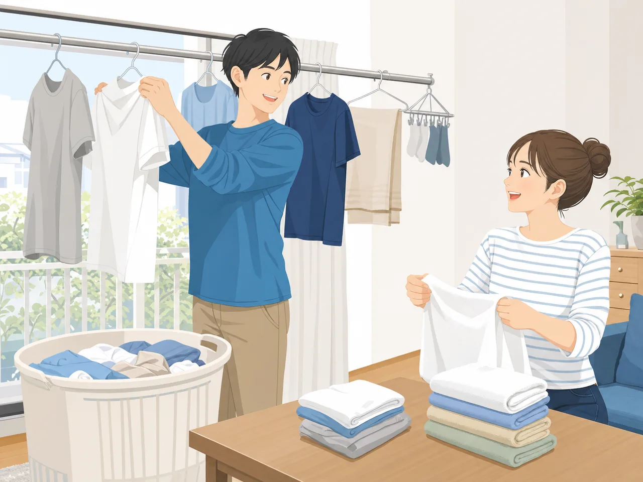 洗濯物を協力して片付ける日本人夫婦（フラットイラスト）。洗濯、家事分担、共働き、生活用品の記事に使える家庭素材です。