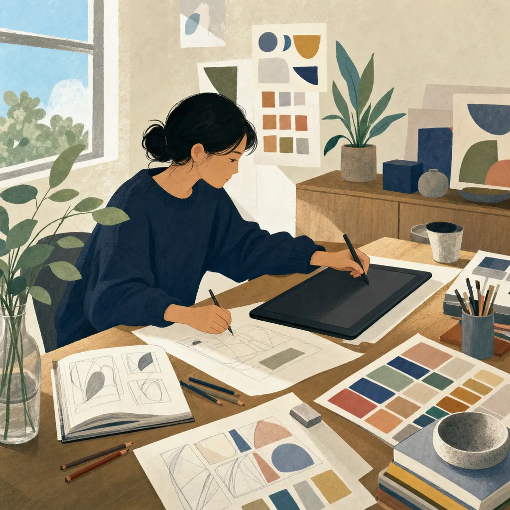 制作する日本人イラストレーター（編集記事向け）。イラストレーター、制作、デザイン、クリエイターの記事向け素材です。