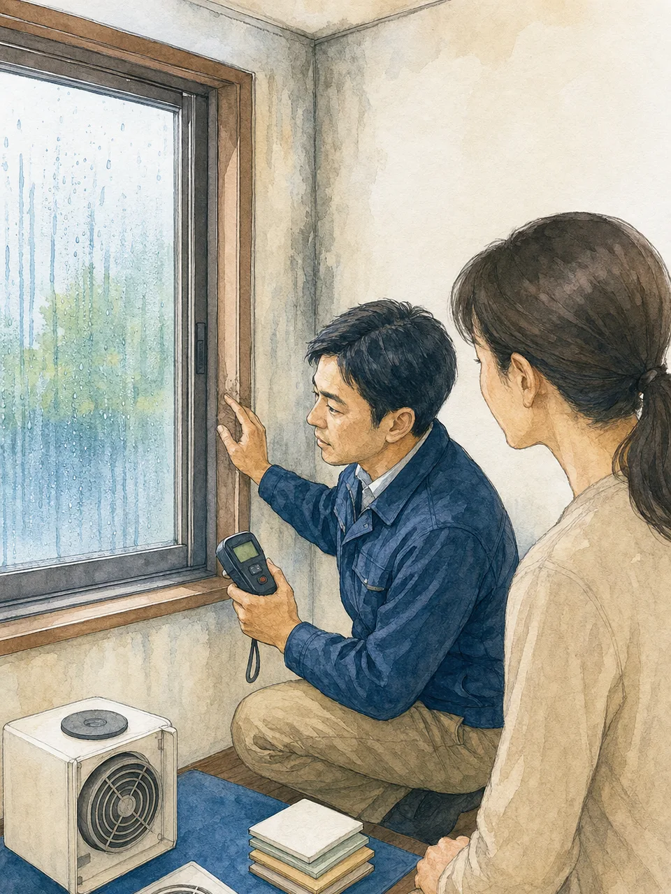住宅の湿気を調べる日本人専門家（手描き水彩）。湿気対策、結露、カビ予防、住宅診断の記事や案内に使える商用素材です。