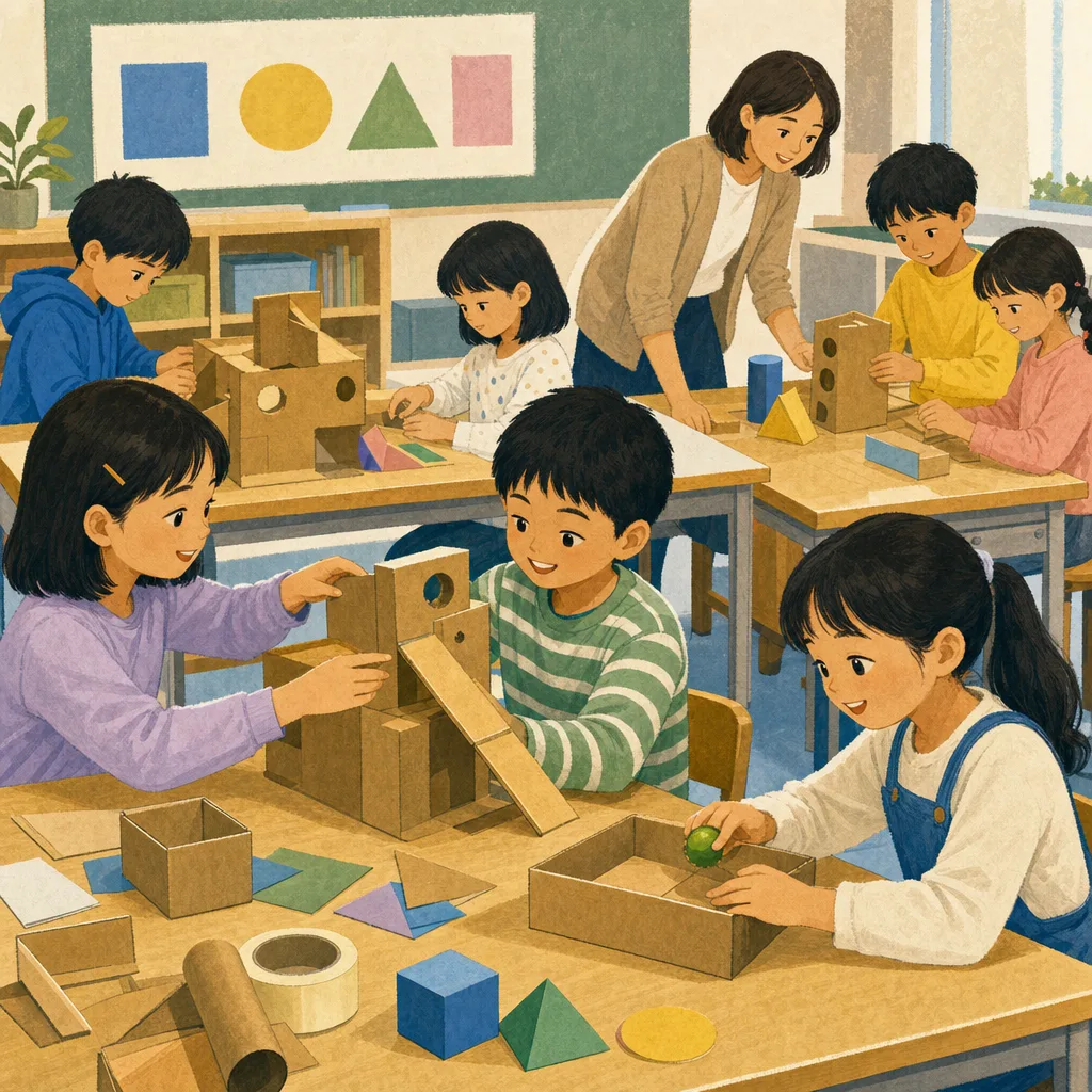 試作品を作る日本人小学生（編集記事向け）。試作品づくり、デザイン思考、小学生、工作授業の記事や案内に使える商用素材です。