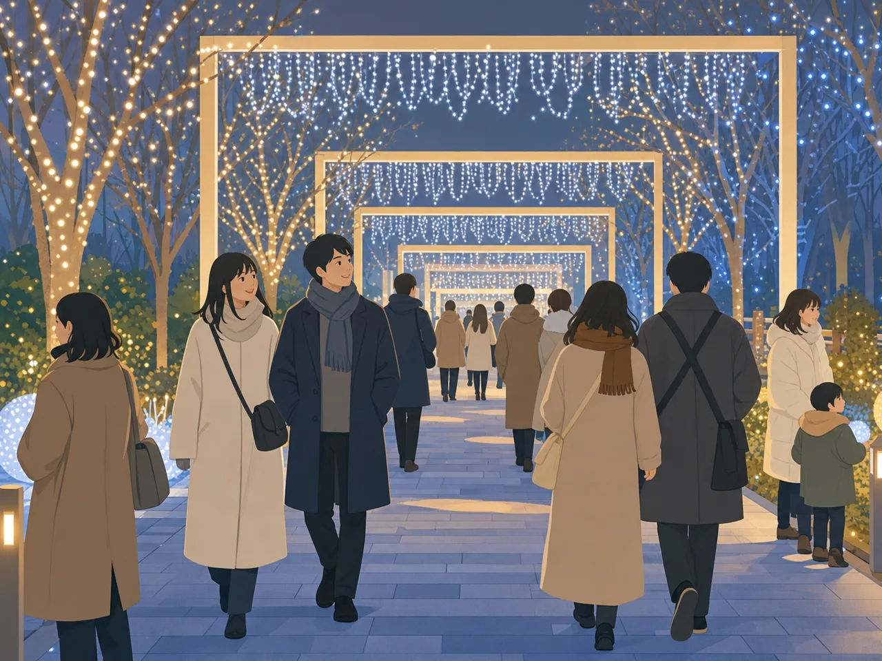 冬のイルミネーションを楽しむ日本人（フラットイラスト）。冬のイルミネーション、夜景、冬、外出の記事向け素材です。