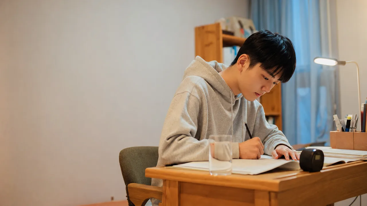 受験勉強に取り組む日本人学生（横長・コピースペース）。受験生、受験勉強、学習計画、進学の記事に使える素材です。