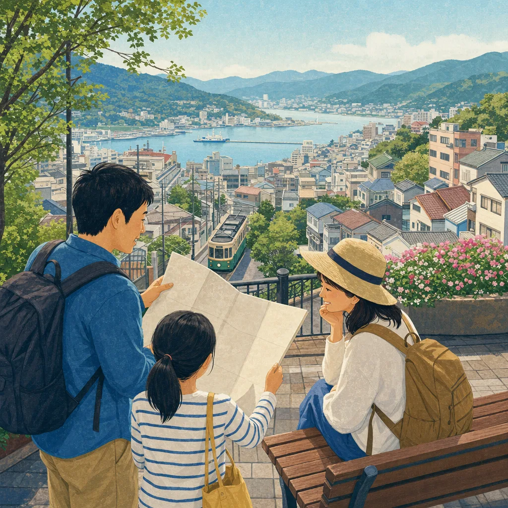 長崎の港町を楽しむ日本人旅行者（編集記事向け）。長崎、九州旅行、港町、坂の街の記事向け素材です。