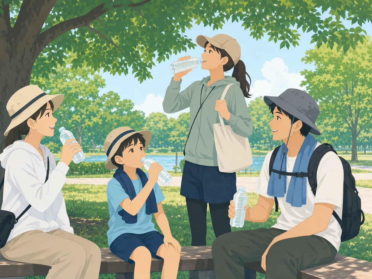 夏に水分補給をする日本人（フラットイラスト）。夏の水分補給、暑さ対策、休憩、屋外活動の記事向け素材です。
