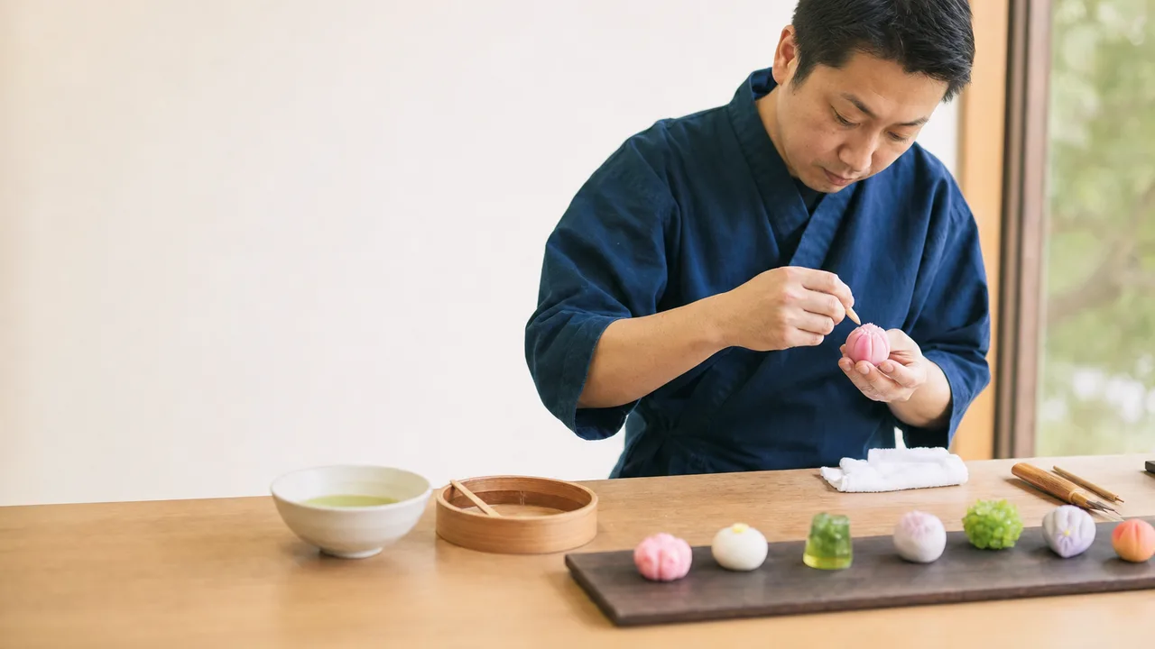 季節の和菓子を作る日本人職人（横長・コピースペース）。和菓子、伝統文化、食品、手仕事の記事に使える職人素材です。