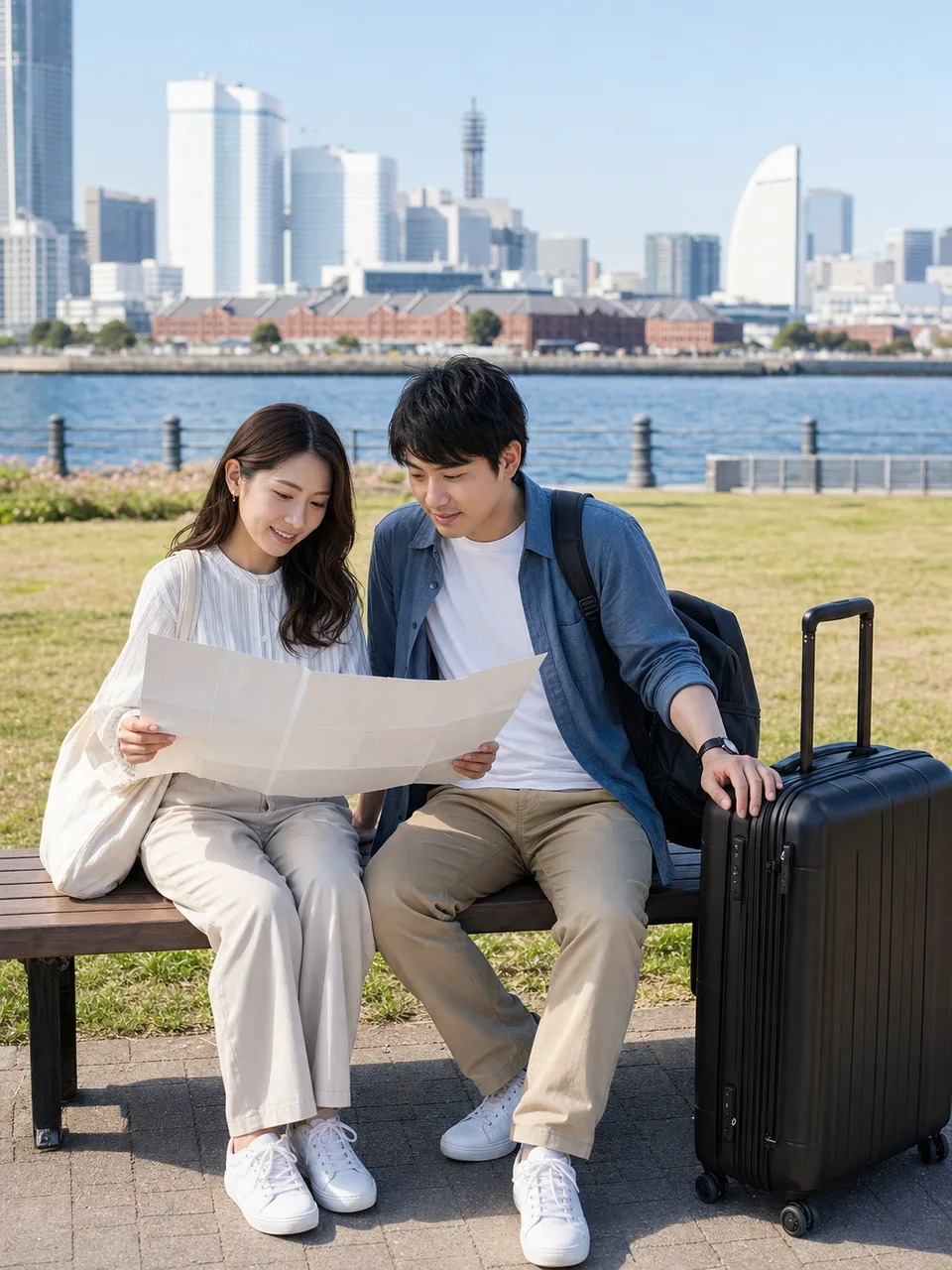 横浜の水辺を歩く日本人旅行者（自然な縦位置写真）。横浜、ウォーターフロント、都市観光、街歩きの記事向け素材です。