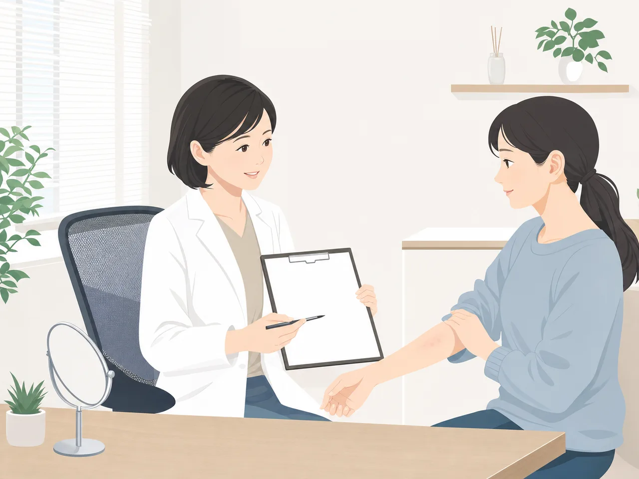 皮膚科で相談する日本人患者（フラットイラスト）。皮膚科、肌の相談、診察、健康管理の記事向け素材です。