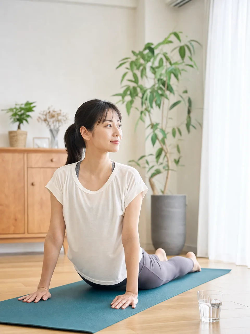 自宅でヨガをする日本人女性（自然な縦位置写真）。運動習慣、ウェルネス、オンラインレッスン、健康記事向け素材です。