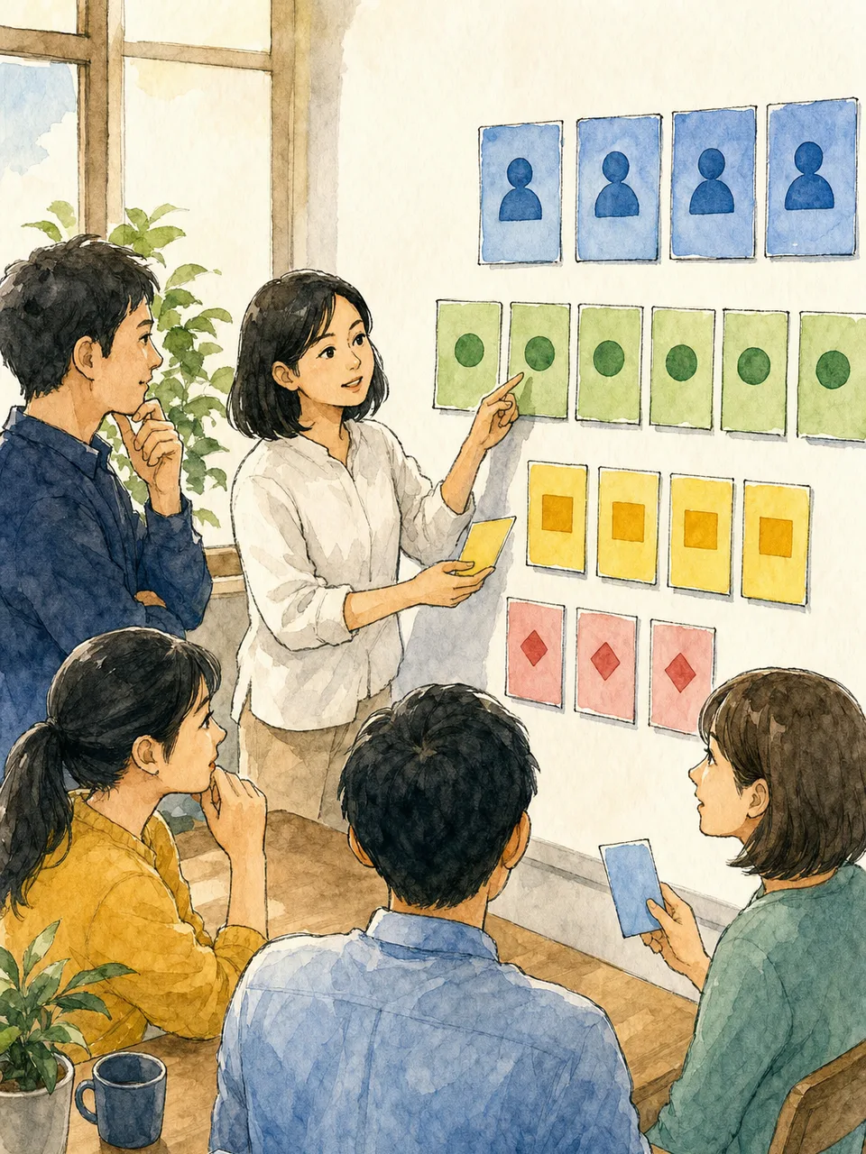 優先順位を決める日本人プロダクトマネージャー（手描き水彩）。プロダクトマネージャー、プロダクト開発、優先順位、チームの記事や案内に使える商用素材です。