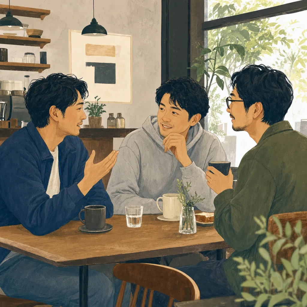 会話を楽しむ日本人の男友達（編集記事向け）。男友達、友情、会話、休日の記事向け素材です。
