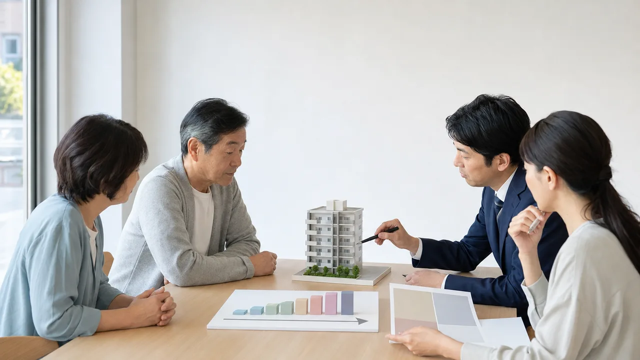 マンション修繕積立を話し合う日本人（横長・コピースペース）。修繕積立金、マンション管理、大規模修繕、管理組合の記事や案内に使える商用素材です。
