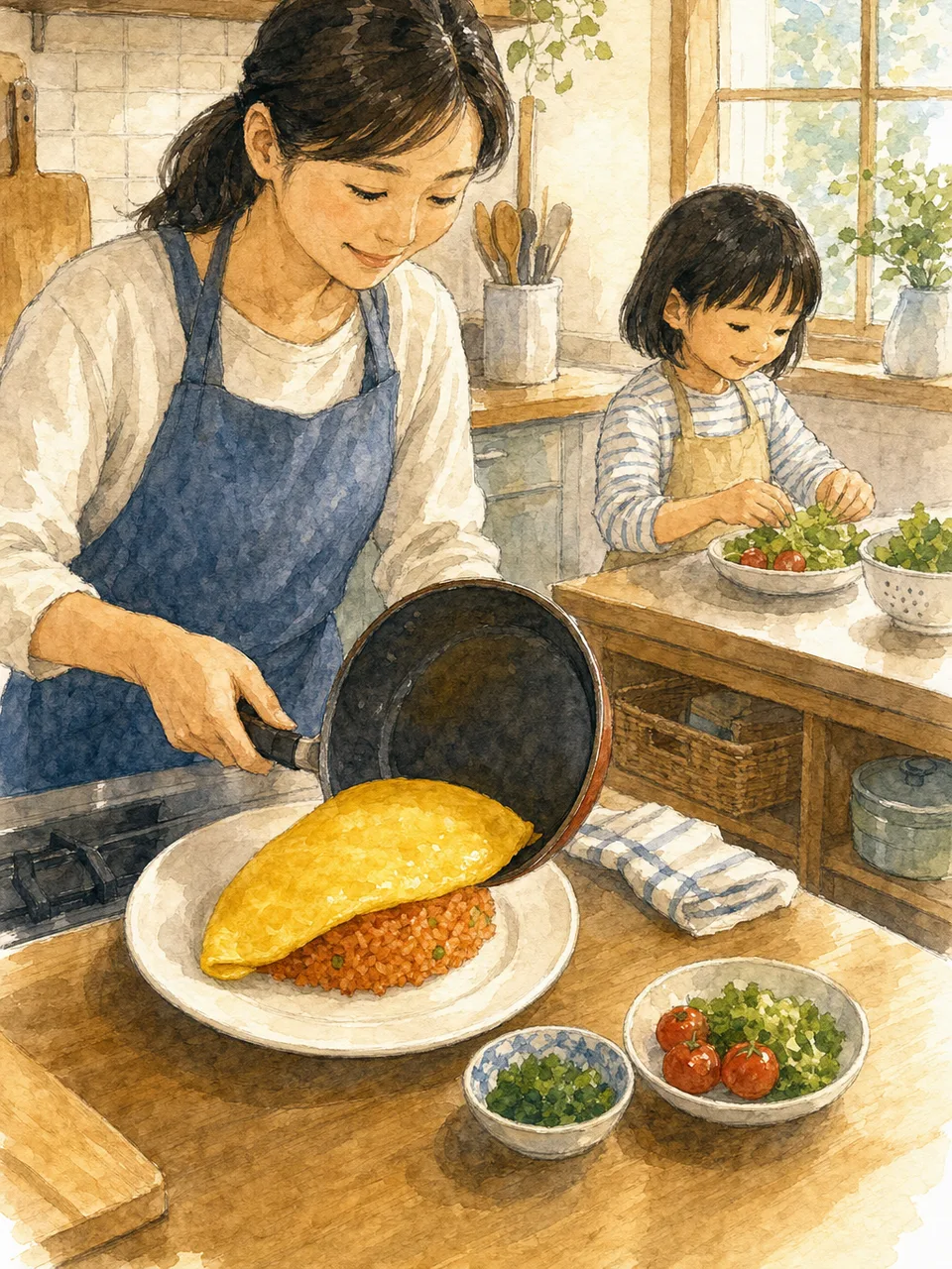 オムライスを作る日本人家族（手描き水彩）。オムライス、家庭料理、親子、昼食の記事向け素材です。