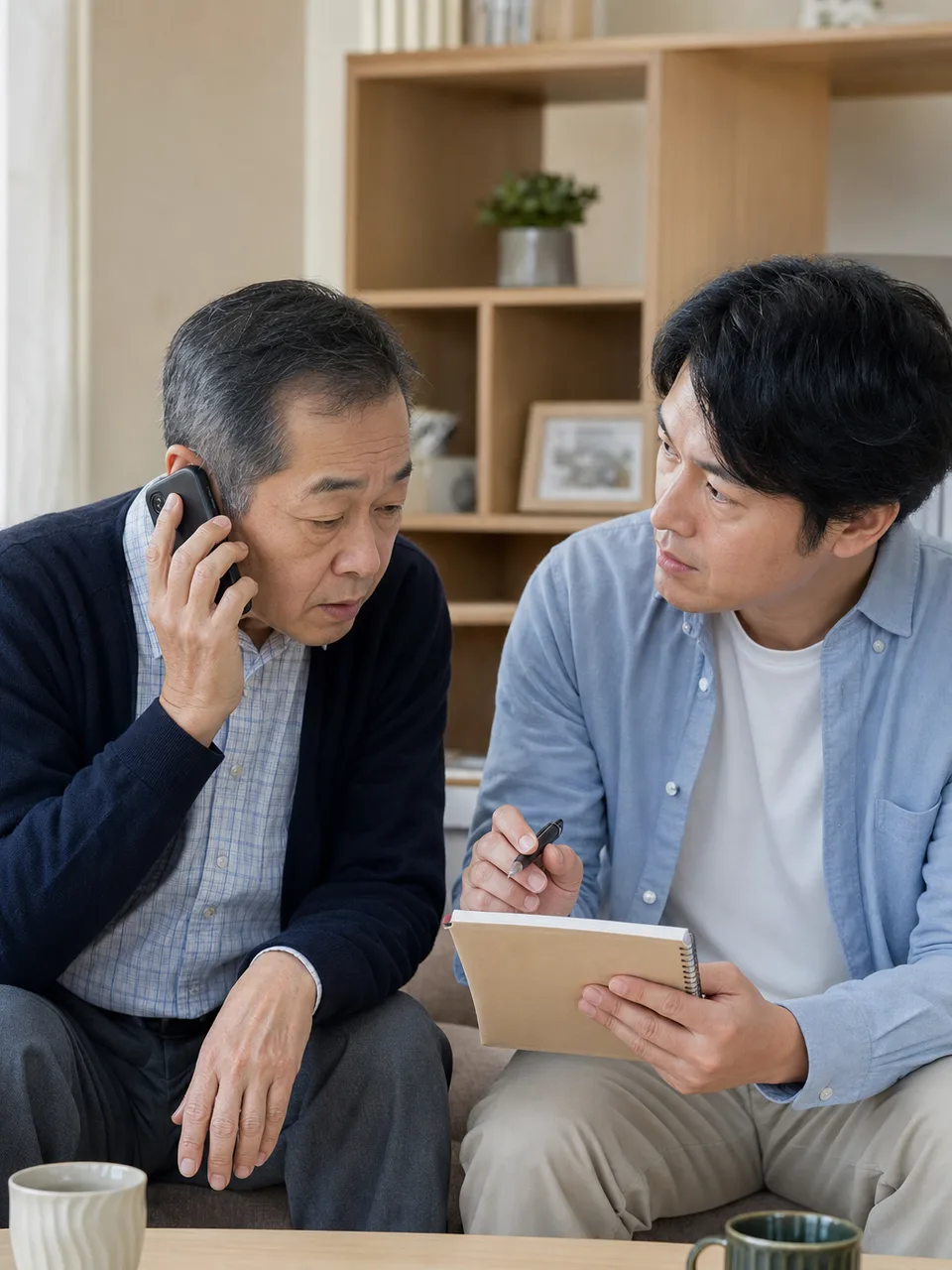 電話詐欺を家族に相談する日本人シニア（自然な縦位置写真）。詐欺対策、防犯、家族見守り、消費者啓発に使える素材です。