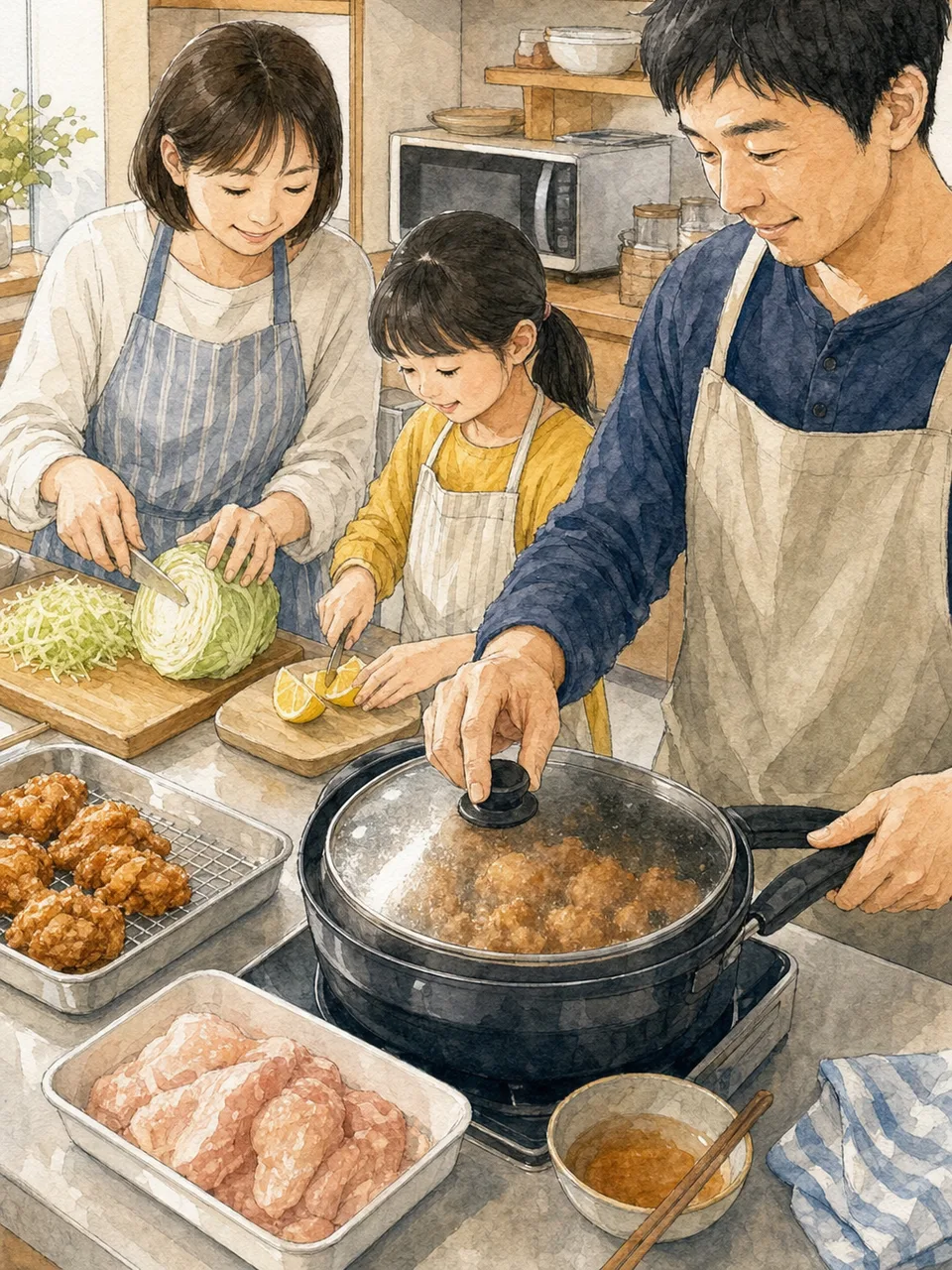 唐揚げを作る日本人家族（手描き水彩）。唐揚げ、家庭料理、親子料理、食卓の記事向け素材です。