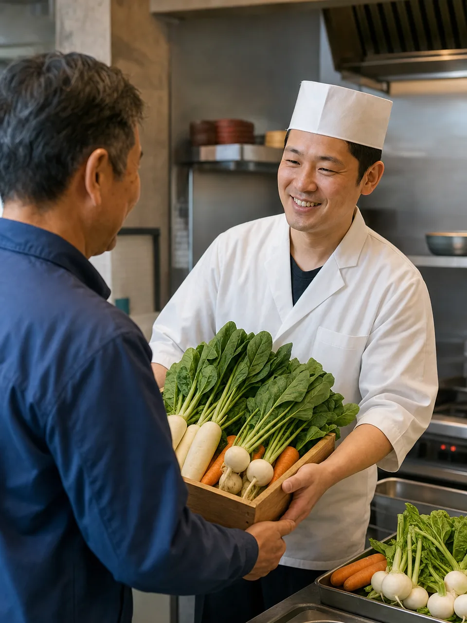 地元食材を仕込む日本人料理人（自然な縦位置写真）。地産地消レストラン、地元食材、料理人、農家の記事や案内に使える商用素材です。