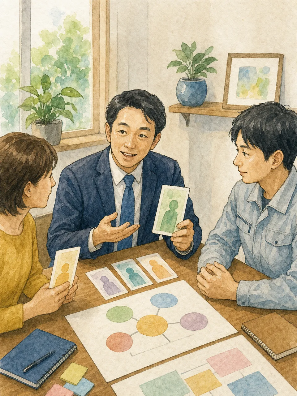 社会保険労務士に相談する日本人事業者（手描き水彩）。社会保険労務士、労務管理、社会保険、事業支援の記事向け素材です。