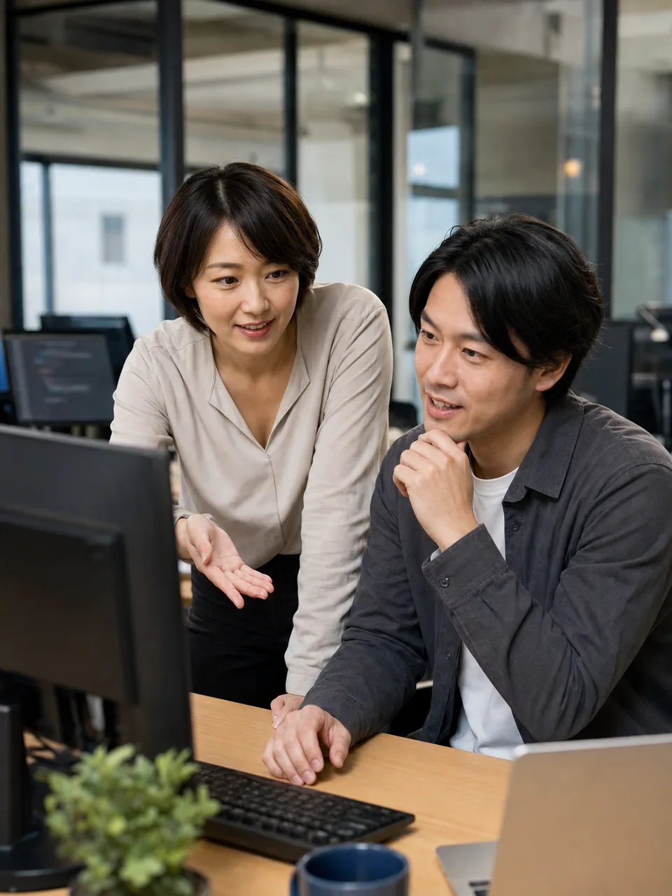 開発に取り組む日本人プログラマー（自然な縦位置写真）。プログラマー、システム開発、IT人材、チーム開発の記事向け素材です。