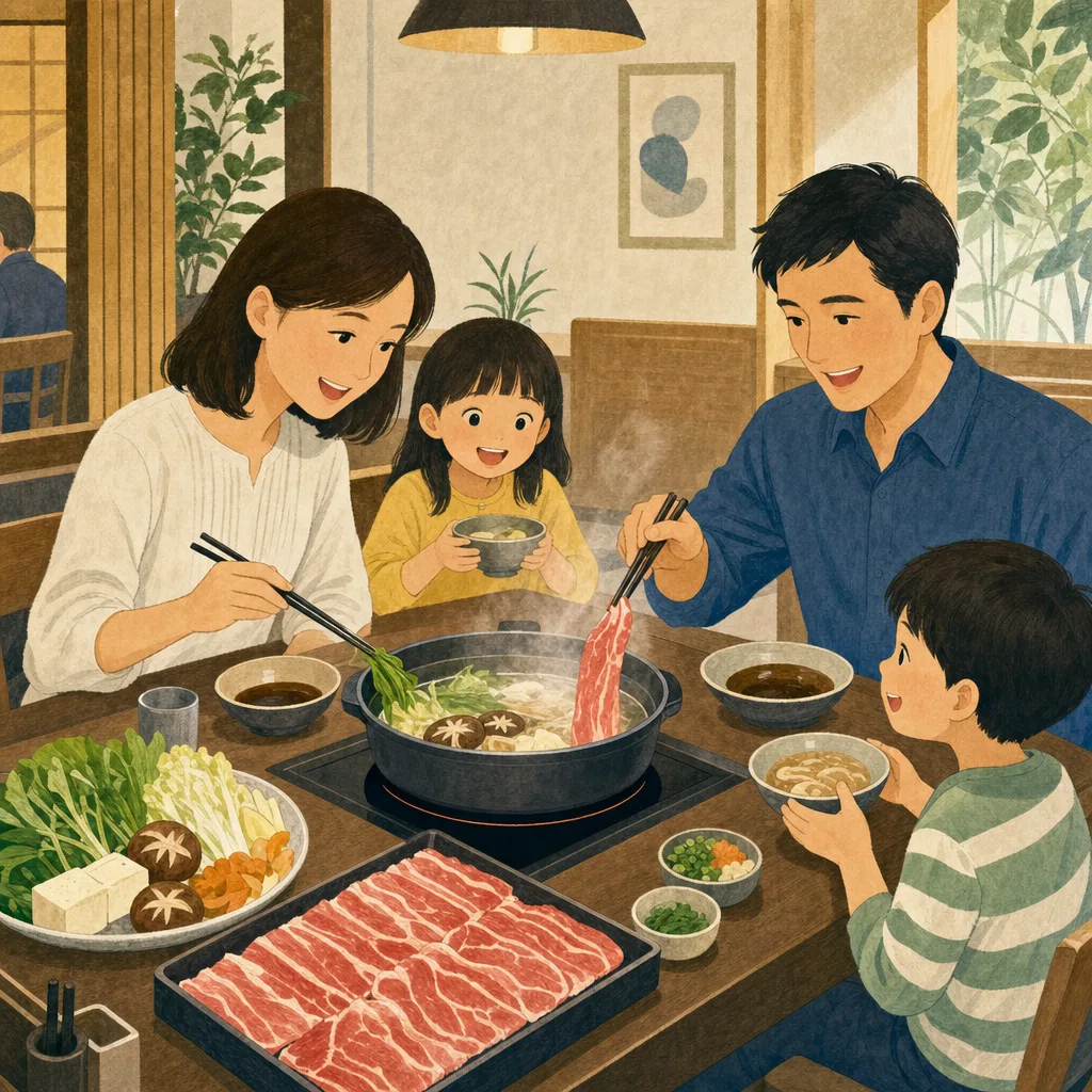 しゃぶしゃぶを囲む日本人家族（編集記事向け）。しゃぶしゃぶ、鍋料理、家族、外食の記事向け素材です。