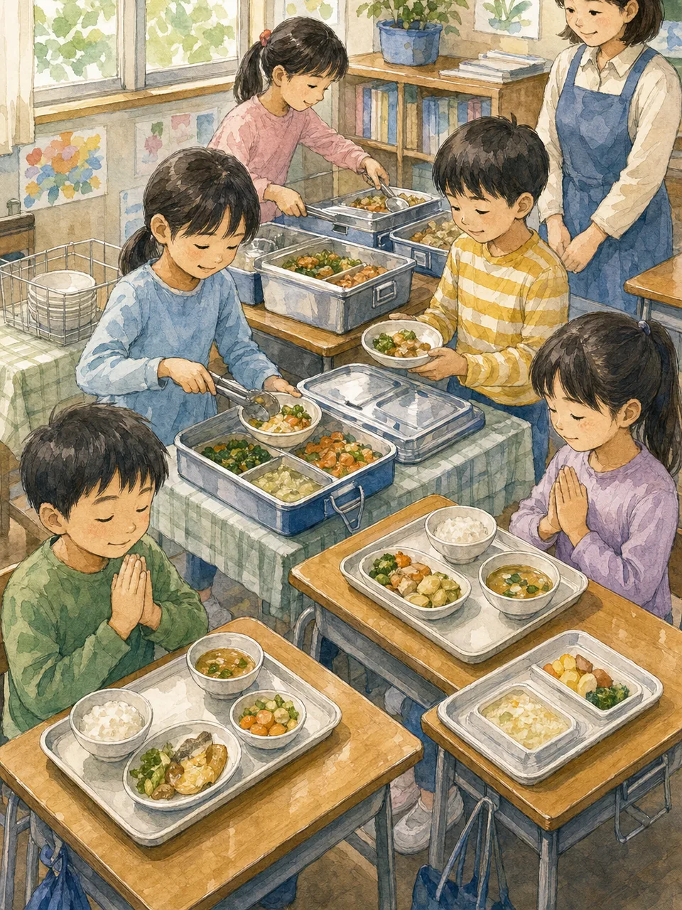 学校給食を楽しむ日本人の児童（手描き水彩）。学校給食、食育、小学校、子どもの生活の記事向け素材です。
