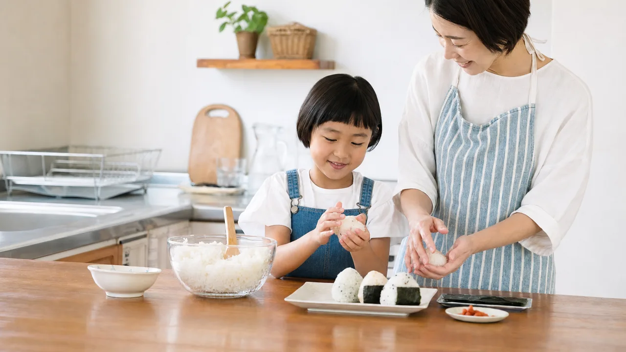 おにぎりを作る日本人親子（横長・コピースペース）。おにぎり、家庭料理、お弁当、親子の記事向け素材です。