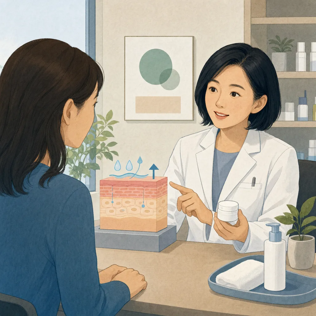 皮膚の健康を相談する日本人（編集記事向け）。皮膚科相談、スキンケア、皮膚の健康、乾燥肌の記事や案内に使える商用素材です。