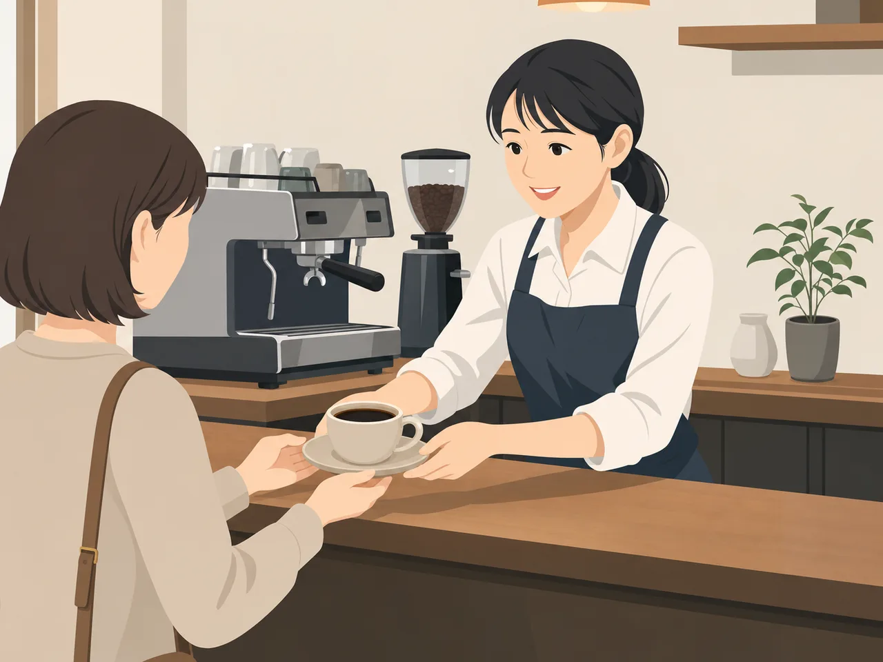 コーヒーを提供する日本人バリスタ（フラットイラスト）。バリスタ、カフェ、コーヒー、接客の記事向け素材です。