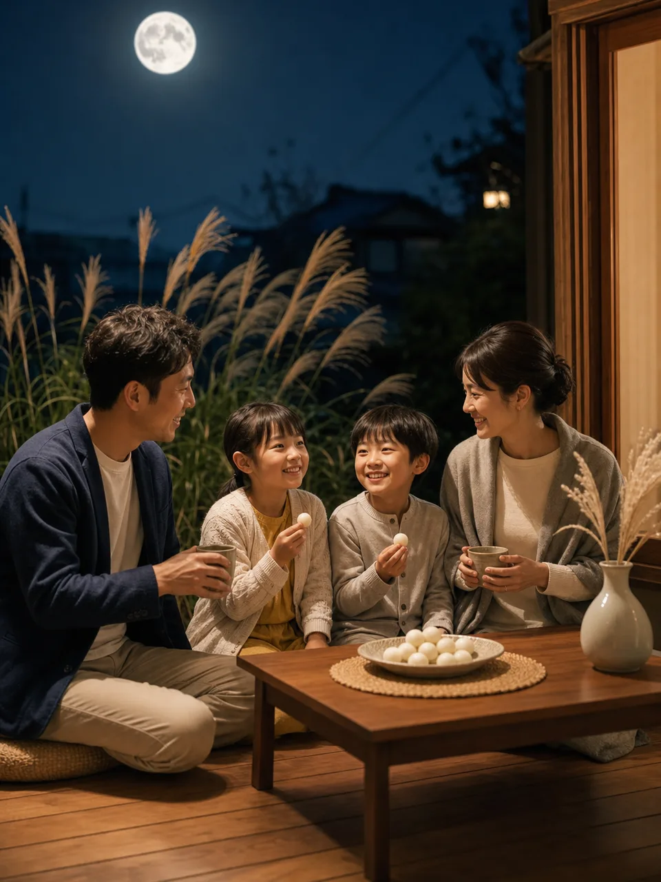 十五夜を楽しむ日本人家族（自然な縦位置写真）。十五夜、お月見、秋、家族の年中行事に使える素材です。