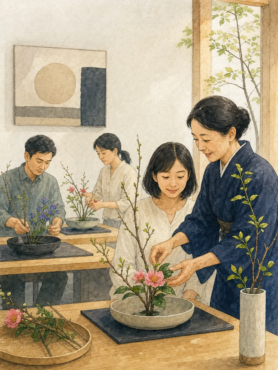 生け花を学ぶ日本人（手描き水彩）。生け花、華道、花の教室、伝統文化の記事や案内に使える商用素材です。