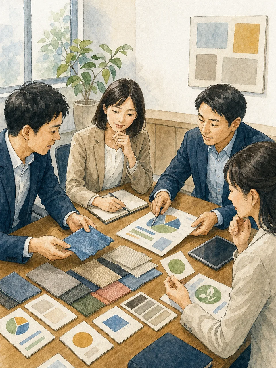 取引先を評価する日本人の調達チーム（手描き水彩）。取引先評価、サプライヤー評価、調達、購買の記事や案内に使える商用素材です。