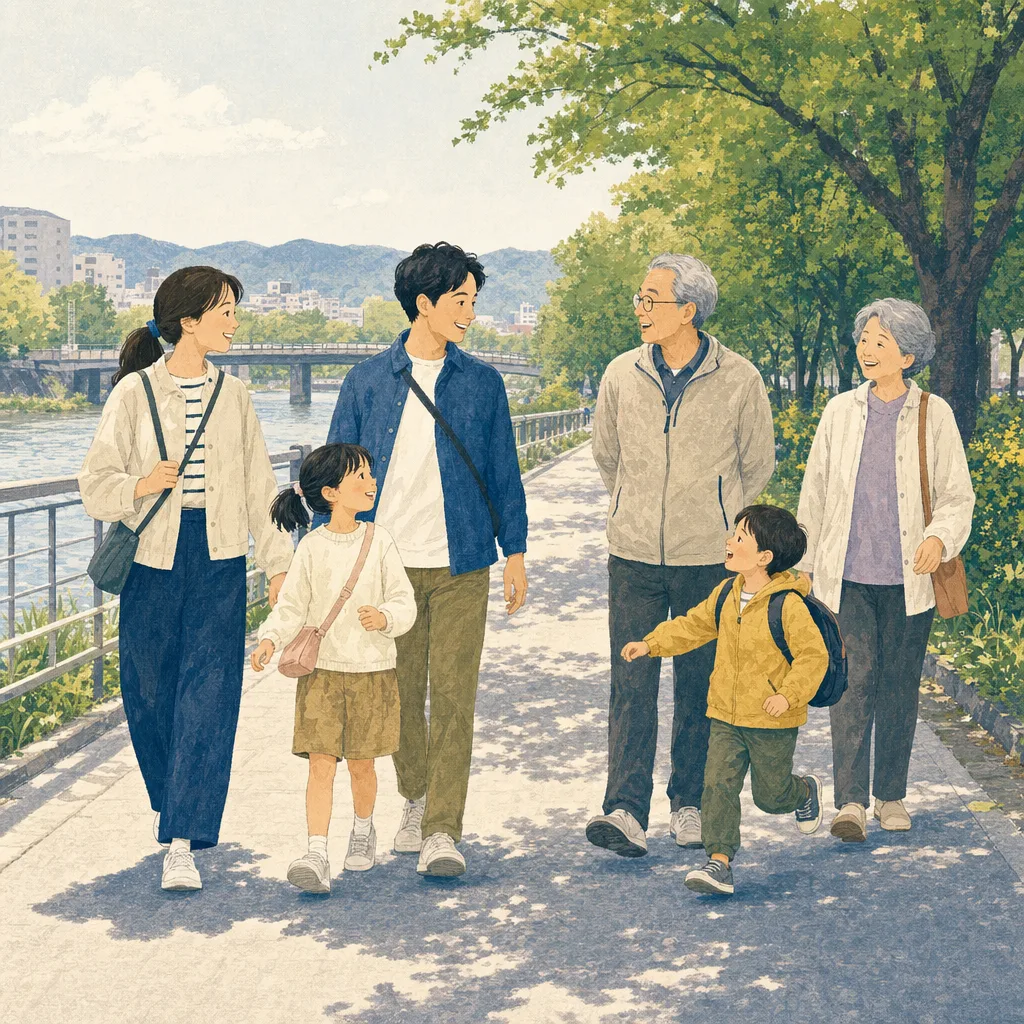 散歩を楽しむ日本人の三世代家族（編集記事向け）。三世代、家族、散歩、世代間交流の記事向け素材です。