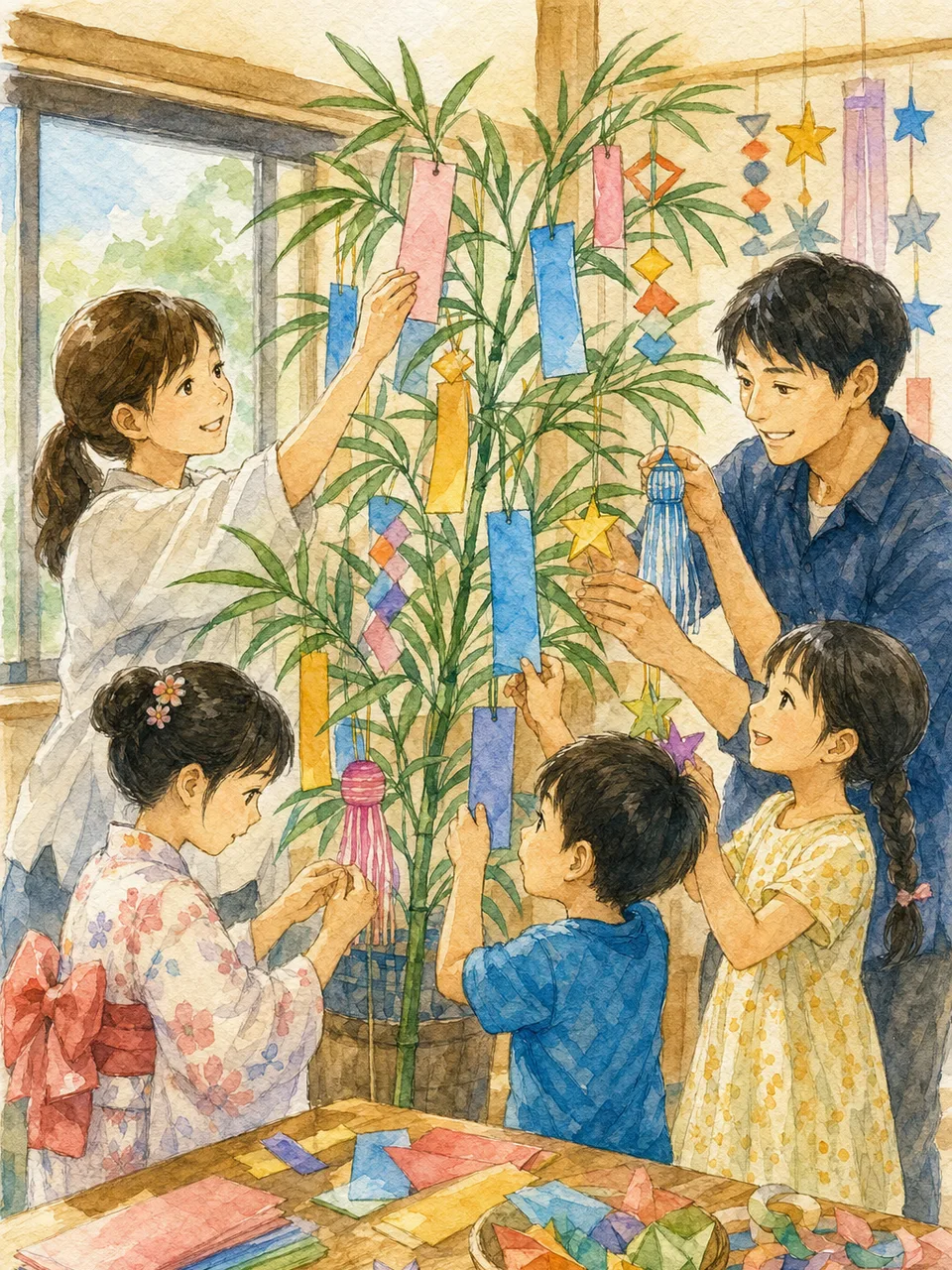 七夕飾りを作る日本の子どもたち（手描き水彩）。七夕、夏の行事、保育、地域イベントに使える季節素材です。