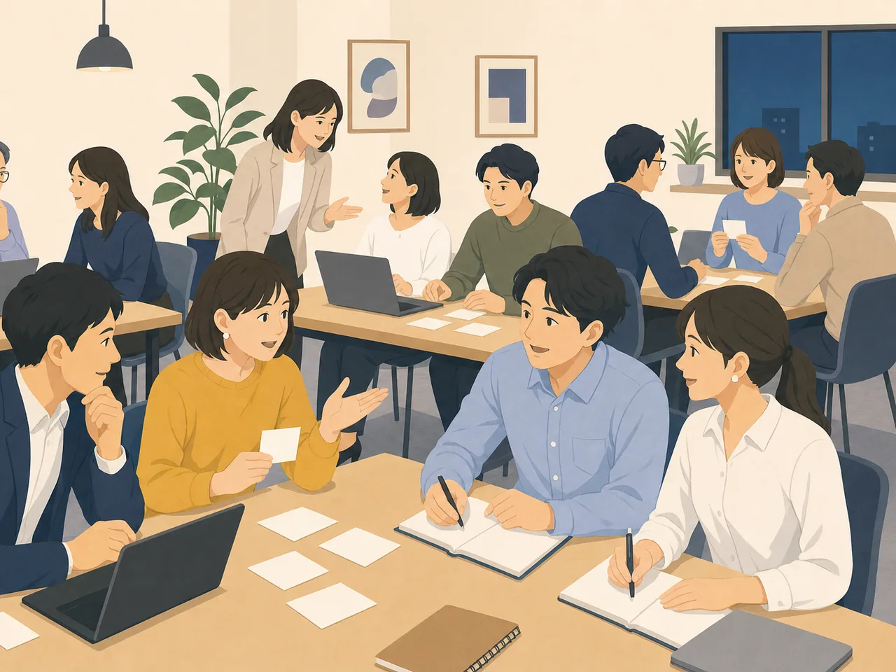 社会人学習に取り組む日本人（フラットイラスト）。社会人学習、学び直し、リスキリング、成人教育の記事向け素材です。