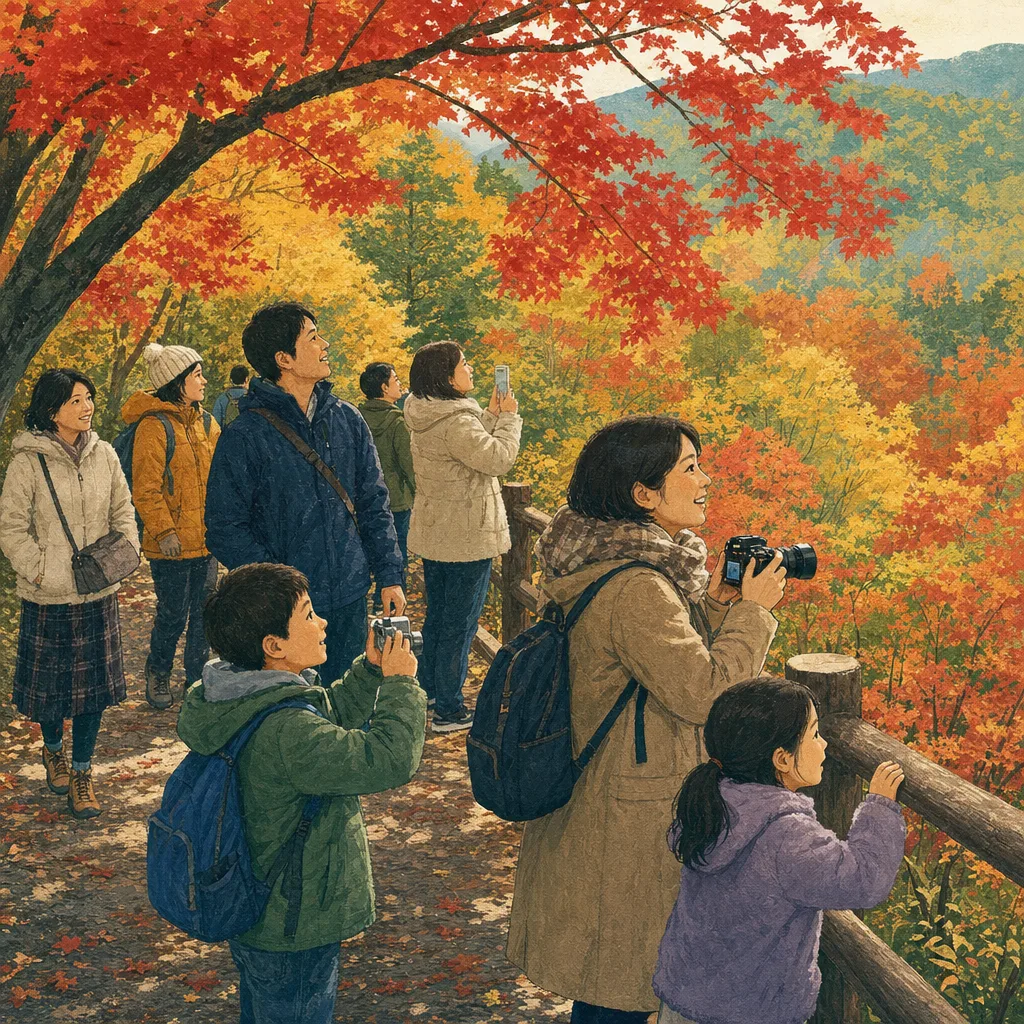 紅葉狩りを楽しむ日本人（編集記事向け）。紅葉狩り、秋、散策、国内旅行の記事向け素材です。