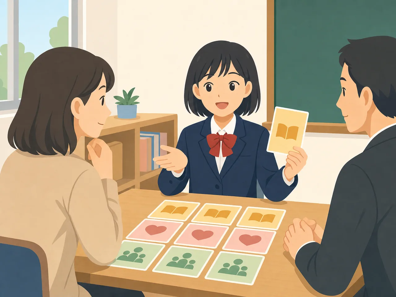 学習目標を話し合う日本人の生徒と大人（フラットイラスト）。学習目標、生徒主体、三者面談、目標設定の記事や案内に使える商用素材です。