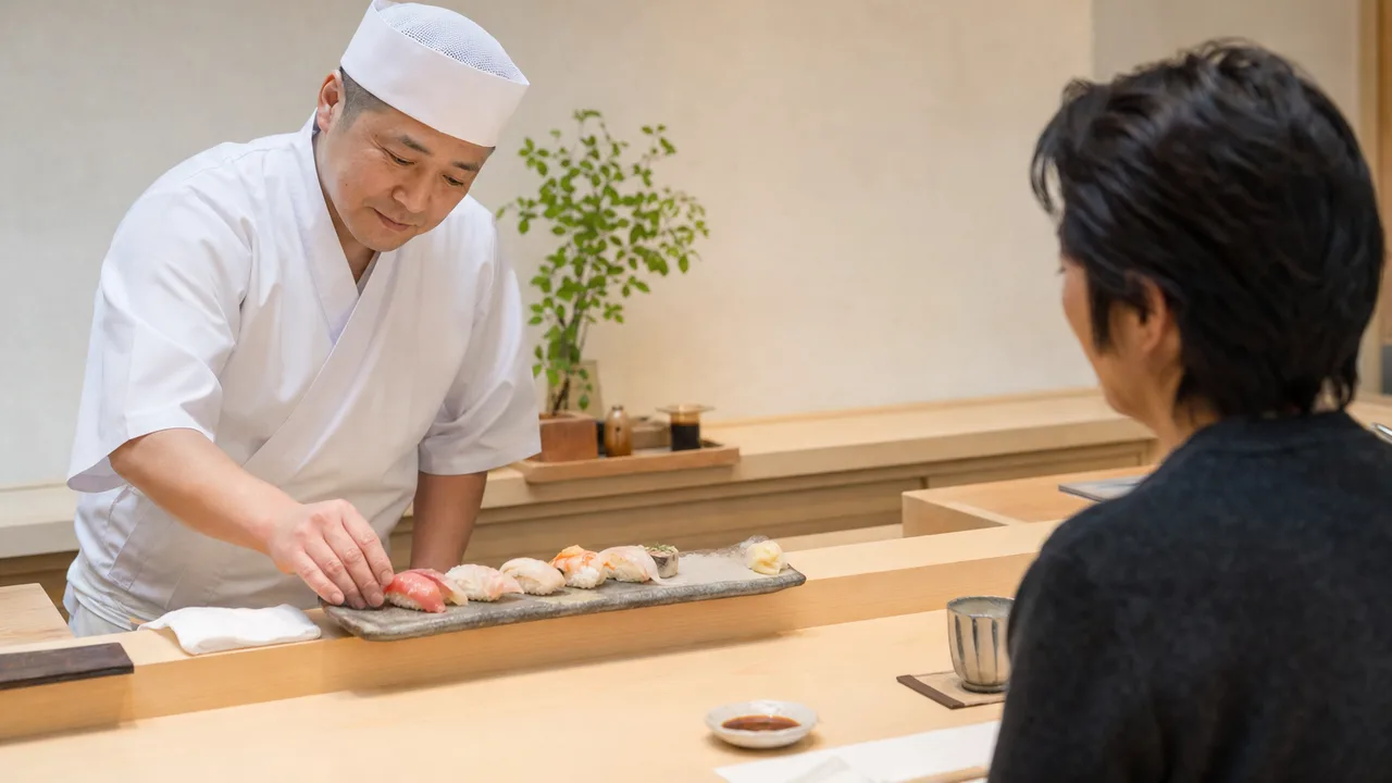 寿司を握る日本人職人（横長・コピースペース）。寿司、日本料理、職人、飲食店の紹介に使える調理場面です。